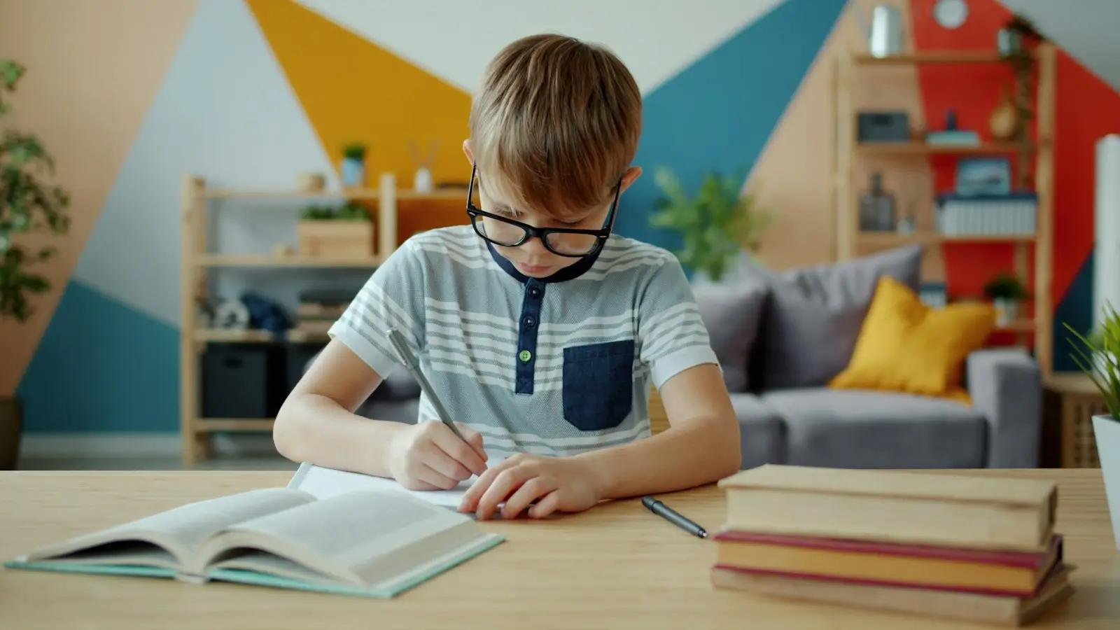 A boy with glasses writes in a notebook at a desk with books open.